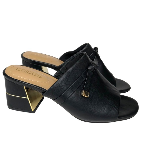 Chico's Black Leather Mules Slides Gold Accent Block Heel Size 8.5M - Picture 1 of 16